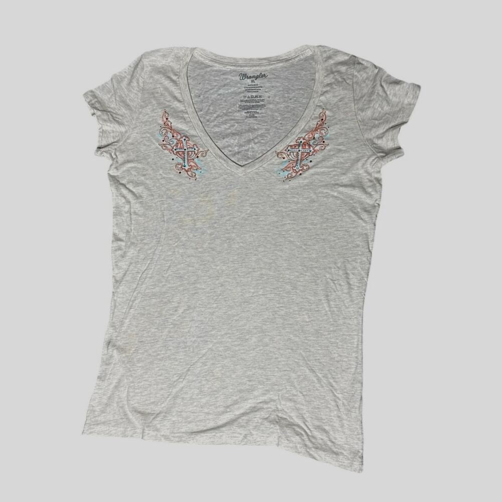 Wrangler Women’s XL Y2K Cross Embroidered V-Neck Tee Western Gem Top